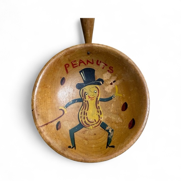 Antique Mr Peanut Hand Painted Wood Snack Bowl With Handle Wall Art - Picture 3 of 5
